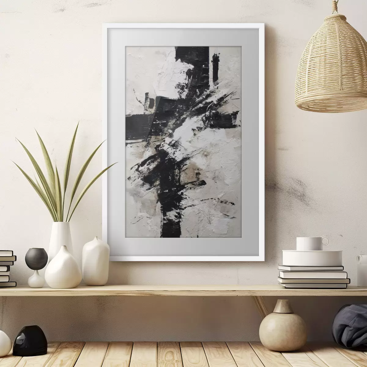 Poster Modernes, abstraktes Interieur mit chaotischen Linien und volumetrischen Pinselstrichen im Stil der Leinwandmalerei f47090