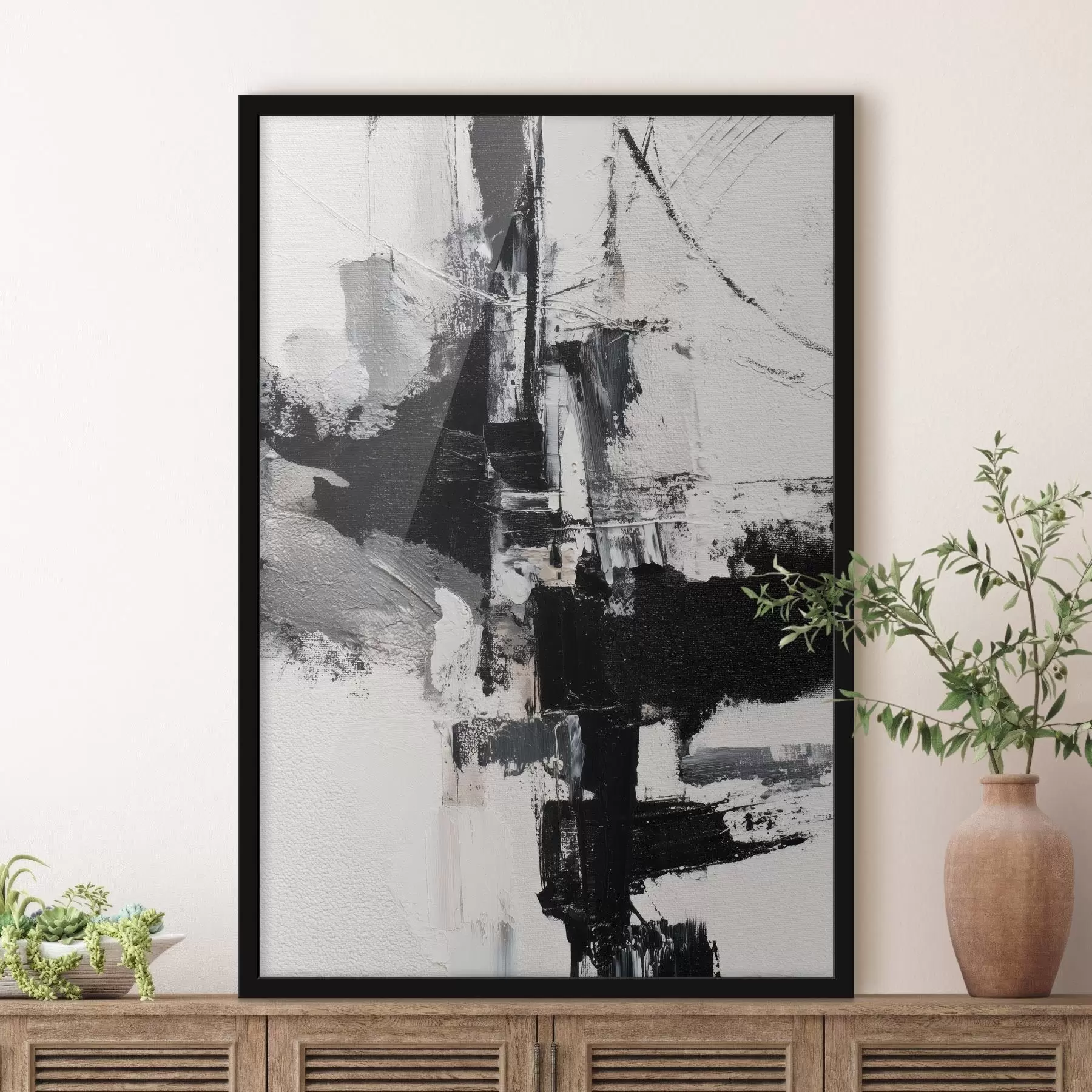 Fototapete Strukturierte Illustration mit kontrastierenden schwarzen und grauen Pinselstrichen im Stil eines Ölgemäldes f47091