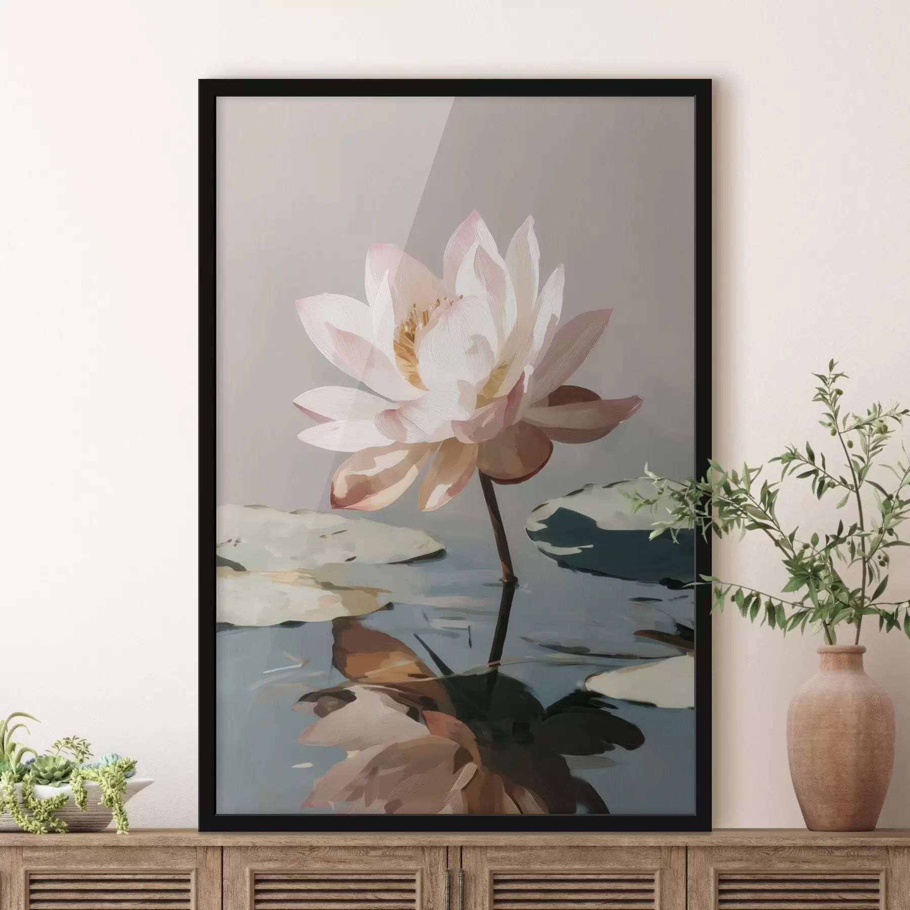 Fototapete Weißer Lotus auf pastellfarbenem Hintergrund im Ölgemäldestil f47093