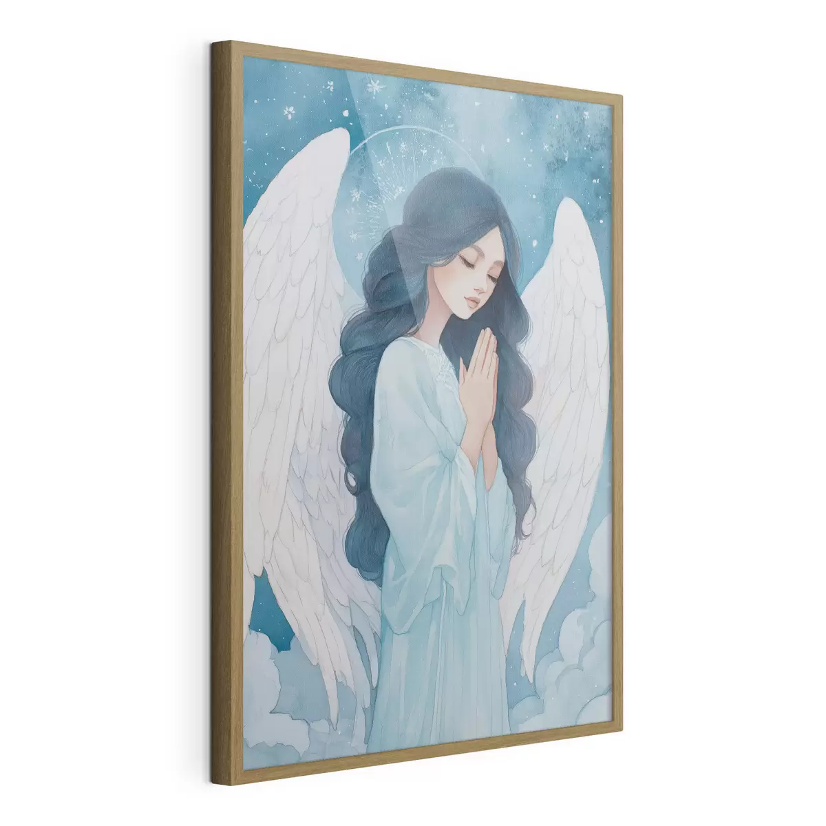Poster Bezaubernde Illustration eines Engels zwischen Wolken in einer weiß-blauen Farbpalette f47095