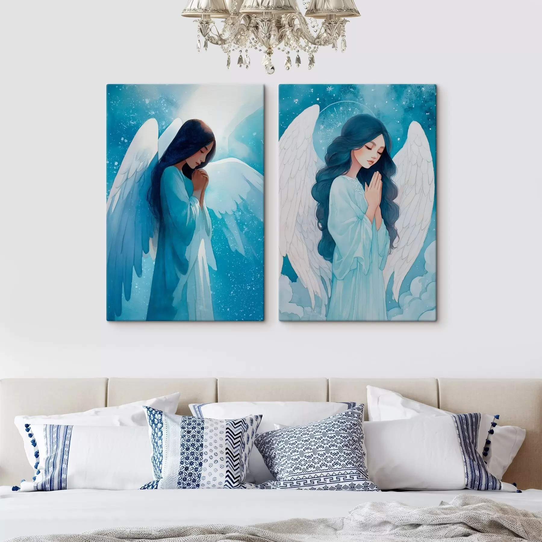 Fototapete Moderne sakrale Kunst im Aquarellstil mit dem Bild eines Schutzengels in blauer Robe m01153