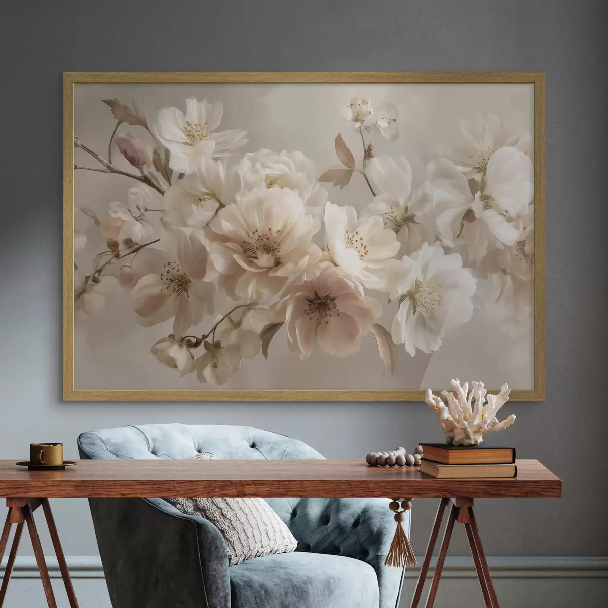 Poster Zweig mit cremeweißen Blüten f47646