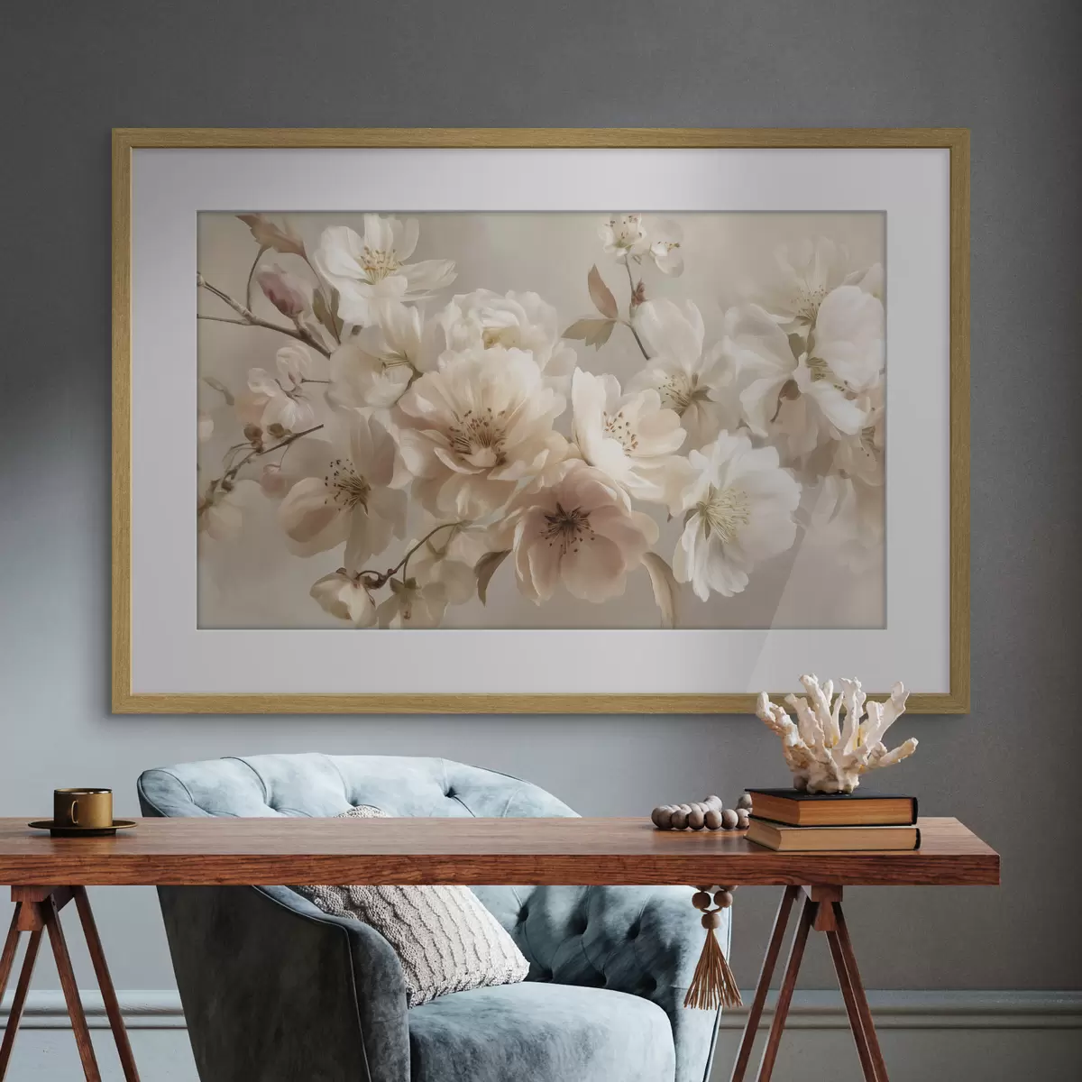 Poster Zweig mit cremeweißen Blüten f47646