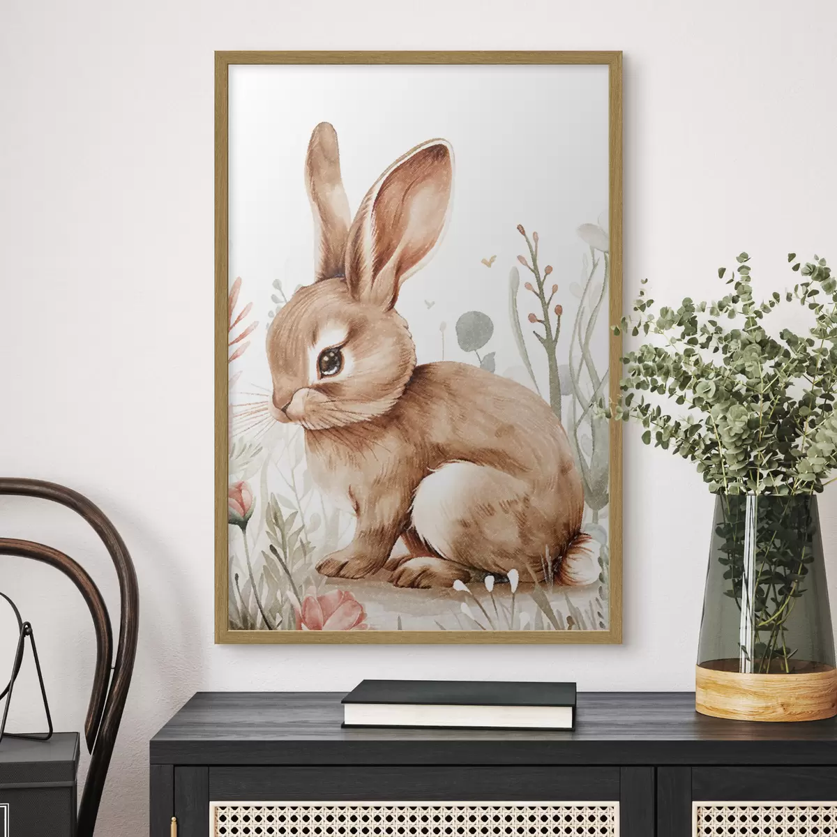 Poster Süßes Häschen in Blumen, Bleistift-Effekt f47741