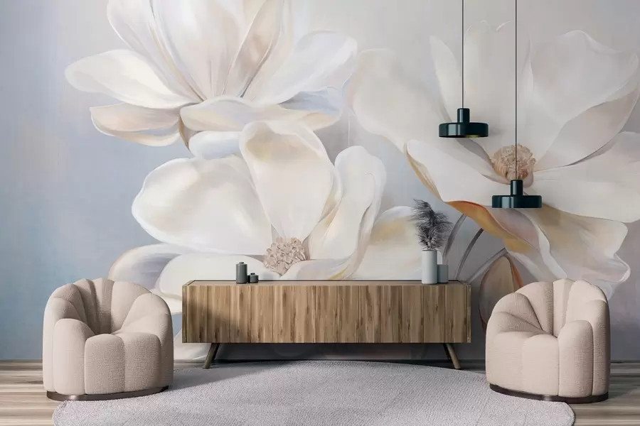 Fototapete Weiße Fantasie-Magnolienblüten mit zart strukturierten Blütenblättern, ein weicher, abstrakter Hintergrund w09373