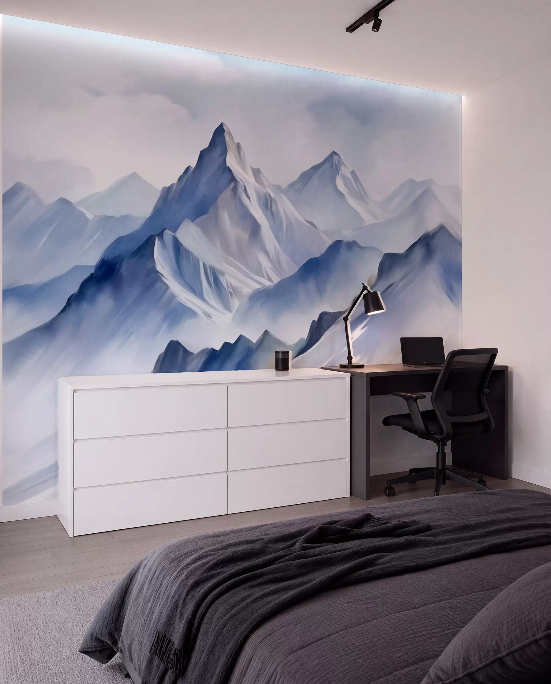 Fototapete Strukturierte schneebedeckte Berge mit einem sanften Aquarelleffekt und einer Farbpalette aus Blau- und Weißtönen w09630