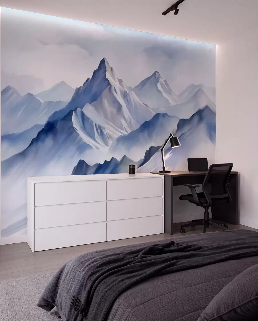 Fototapete Strukturierte schneebedeckte Berge mit einem sanften Aquarelleffekt und einer Farbpalette aus Blau- und Weißtönen w09630