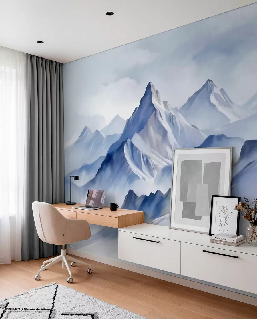 Fototapete Strukturierte schneebedeckte Berge mit einem sanften Aquarelleffekt und einer Farbpalette aus Blau- und Weißtönen w09630