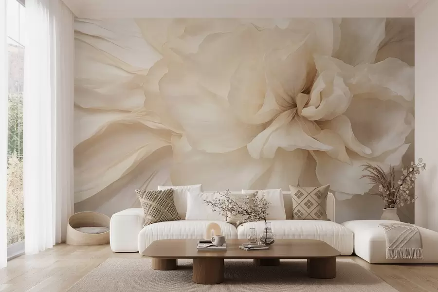 Fototapete Zarte, helle Blume mit strukturierten, durchscheinenden Blütenblättern und weichem, abstraktem Hintergrund w09632