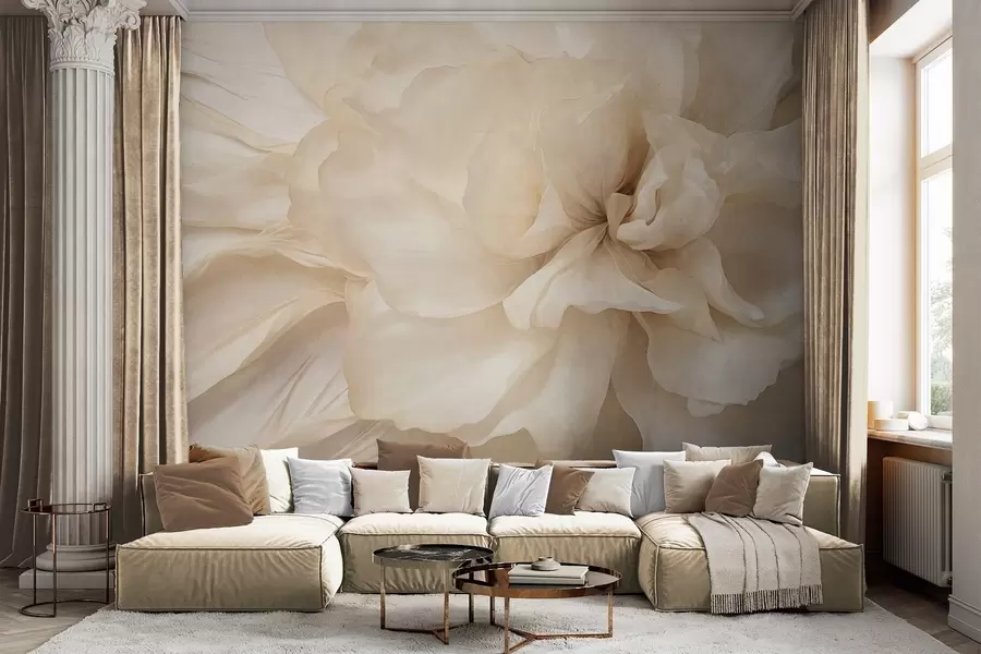 Fototapete Zarte, helle Blume mit strukturierten, durchscheinenden Blütenblättern und weichem, abstraktem Hintergrund w09632