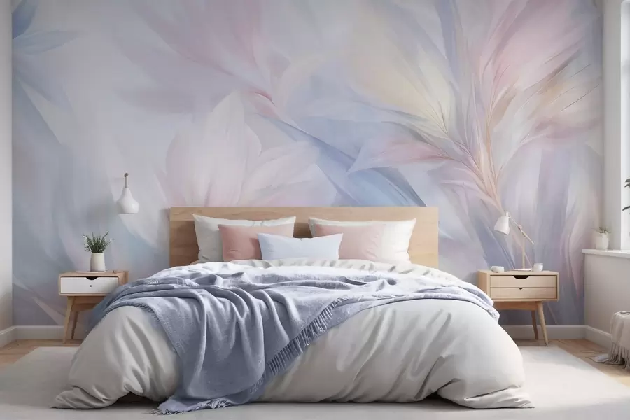 Fototapete Weiche, pastellfarbene Blätter und Federn in Rosa-, Blau- und Gelbtönen, abstrakter und strukturierter Druck w09634