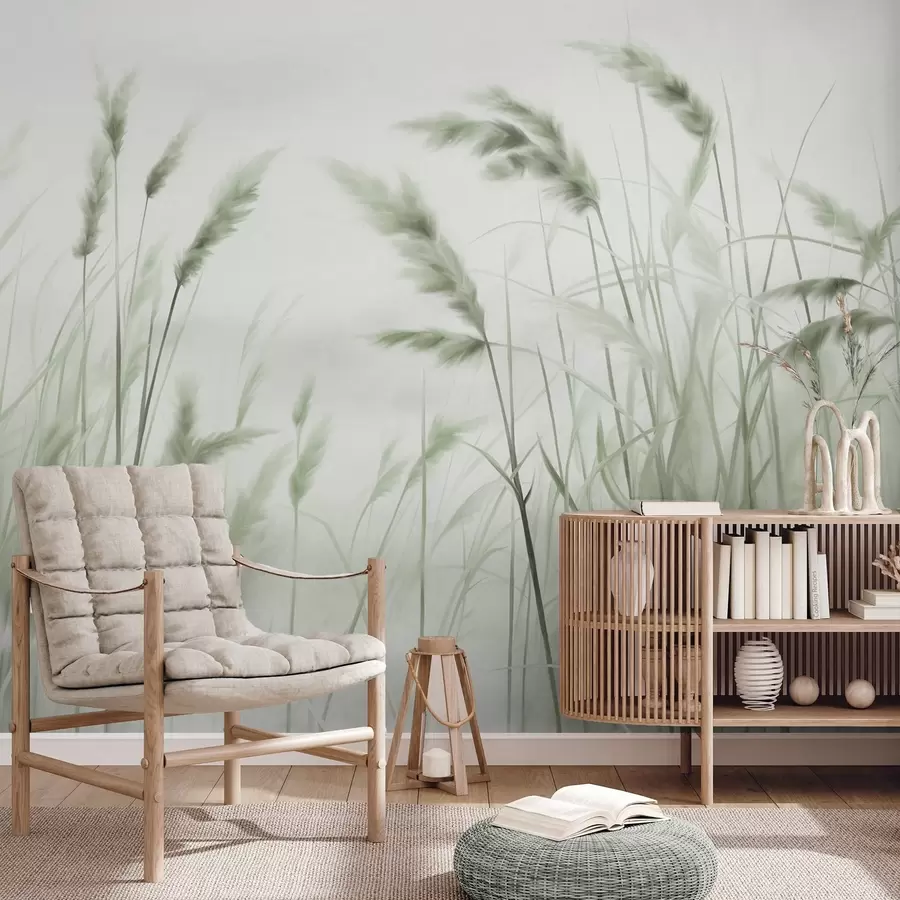 Fototapete Hohes, strukturiertes trockenes Gras mit Weizenähren auf einem Feld vor einem weichen, blassen Hintergrund w09648v1