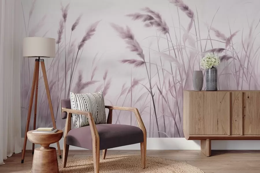 Fototapete Hohes, strukturiertes trockenes Gras mit Weizenähren auf einem Feld vor einem weichen, blassen Hintergrund w09648v2