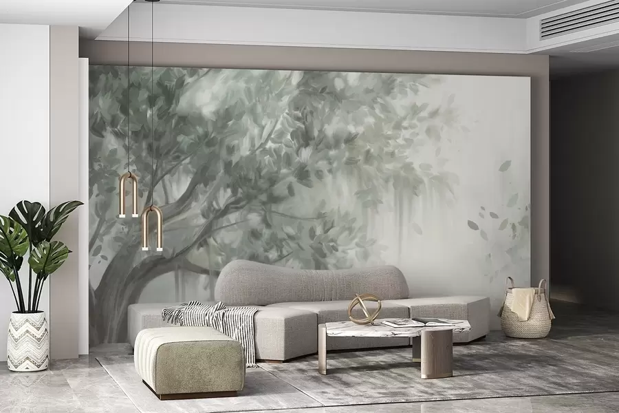 Fototapete Strukturierter Baum mit grünen Blättern und Zweigen, mit einem weichen, verschwommenen Hintergrund w09650v1