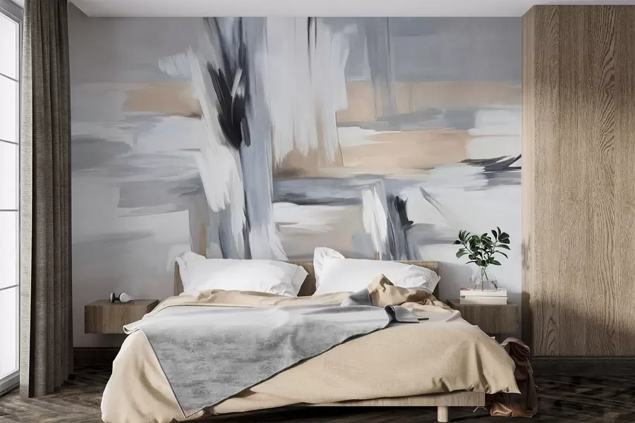 Fototapete Abstrakter, strukturierter Malstil mit Pinselstrichen in Weiß-, Grau- und Beigetönen w09651