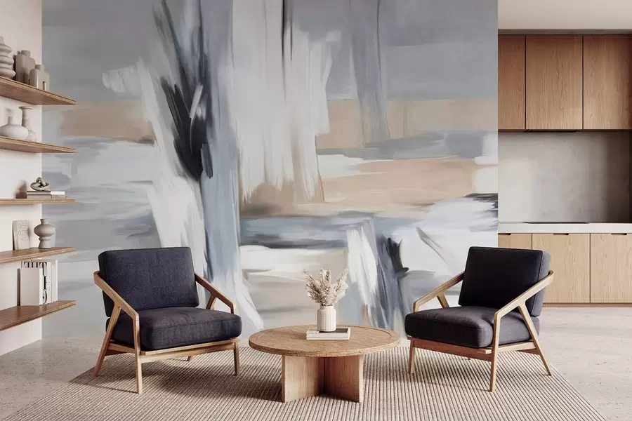 Fototapete Abstrakter, strukturierter Malstil mit Pinselstrichen in Weiß-, Grau- und Beigetönen w09651