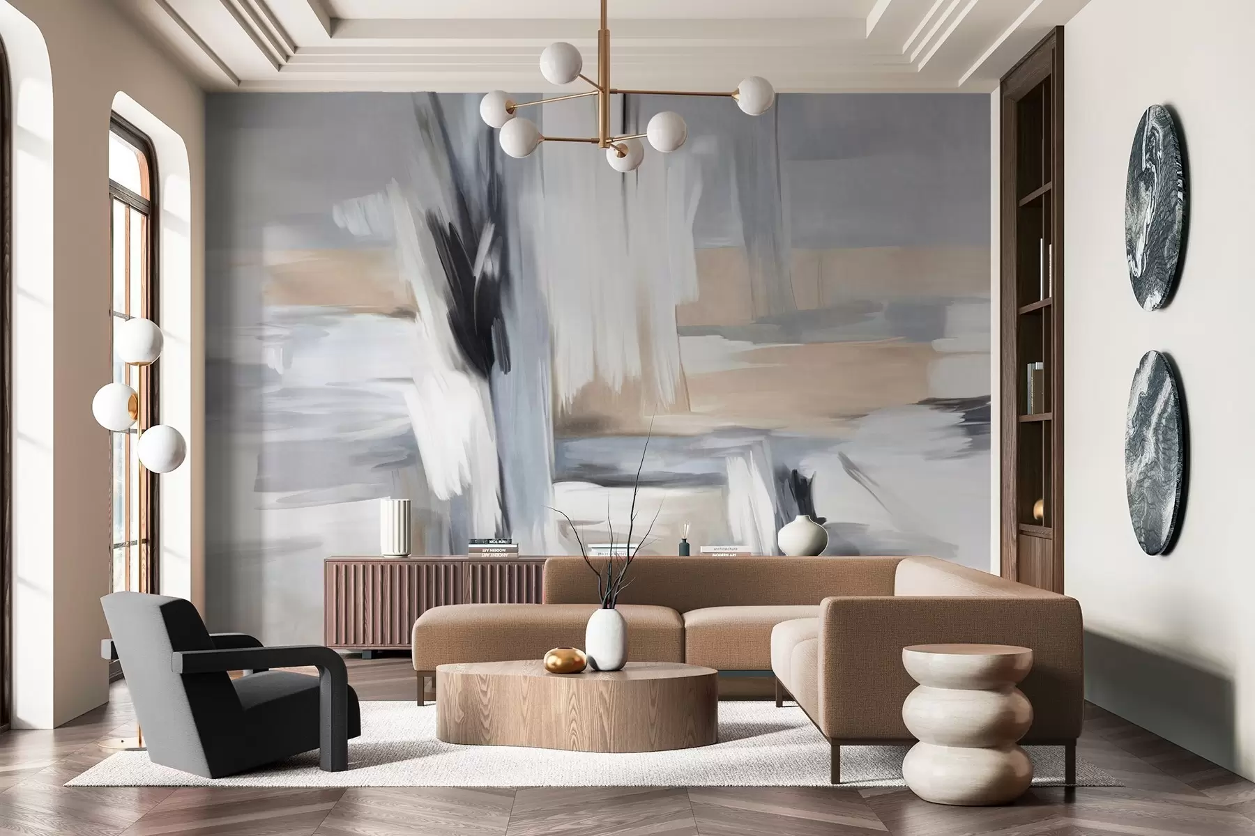 Fototapete Abstrakter, strukturierter Malstil mit Pinselstrichen in Weiß-, Grau- und Beigetönen w09651