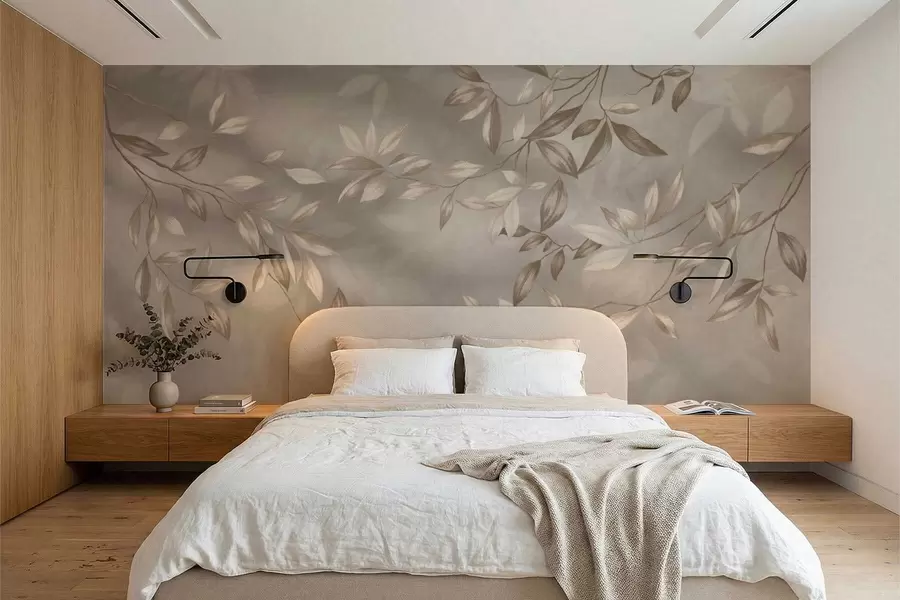 Fototapete Elegante, grüne Zweige in Beigetönen auf hellem Hintergrund w05113