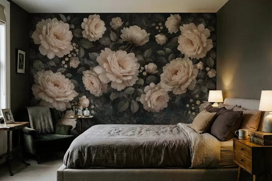 Fototapete Voluminöse Blumen in Beigetönen auf dunklem Hintergrund w05114