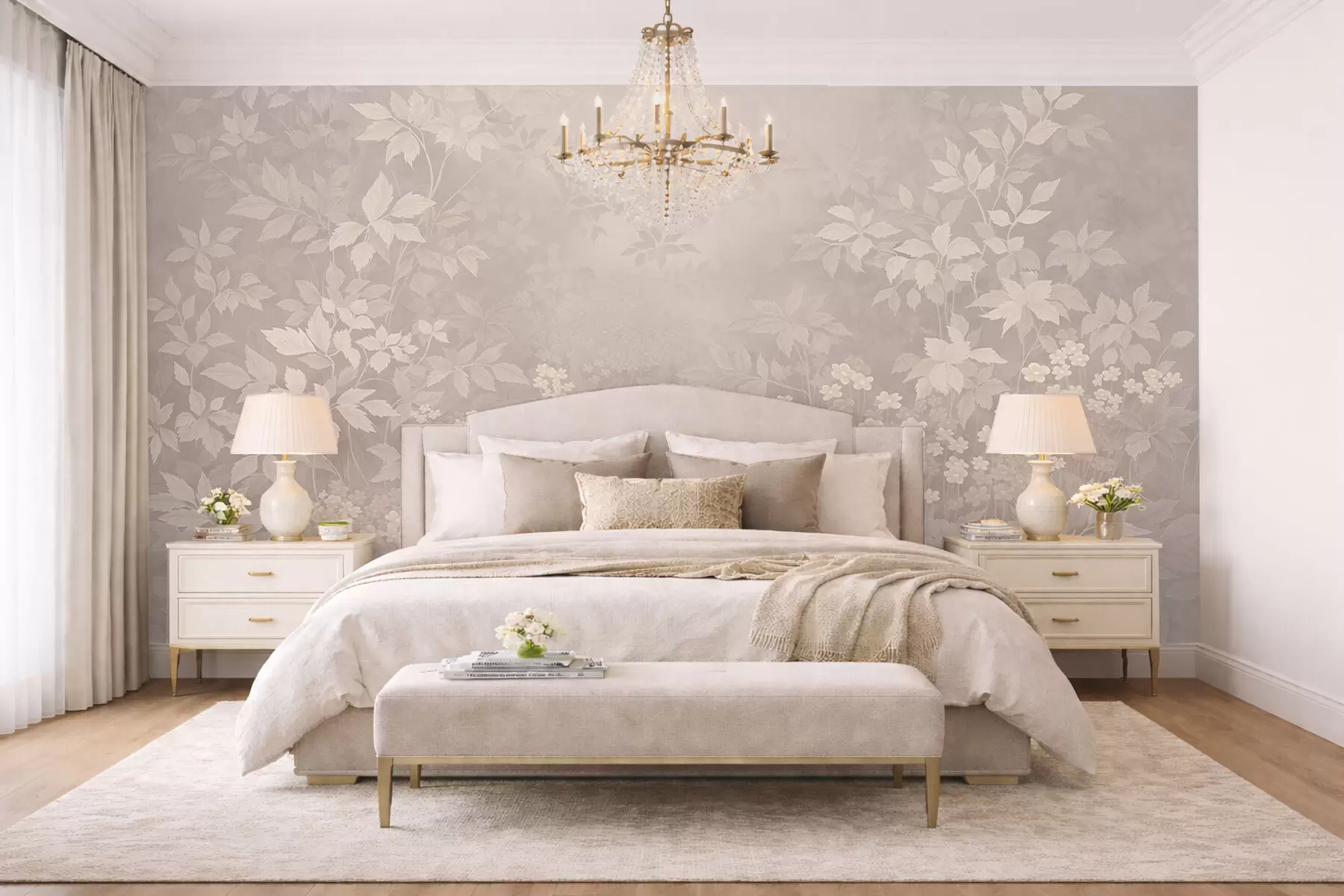 Fototapete Leichtes botanisches Ornament mit Blättern und kleinen Blüten w05115