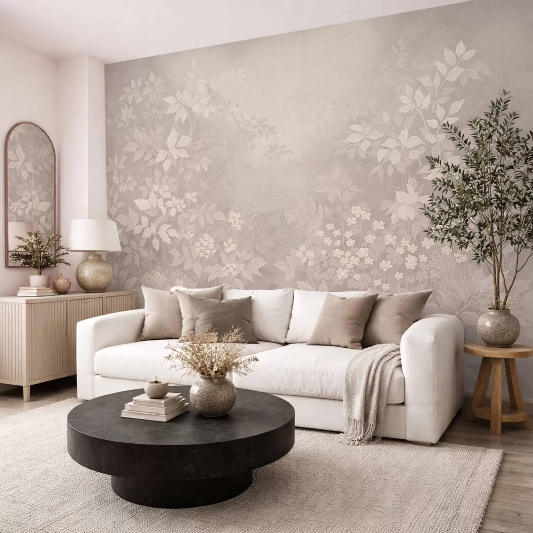 Fototapete Leichtes botanisches Ornament mit Blättern und kleinen Blüten w05115