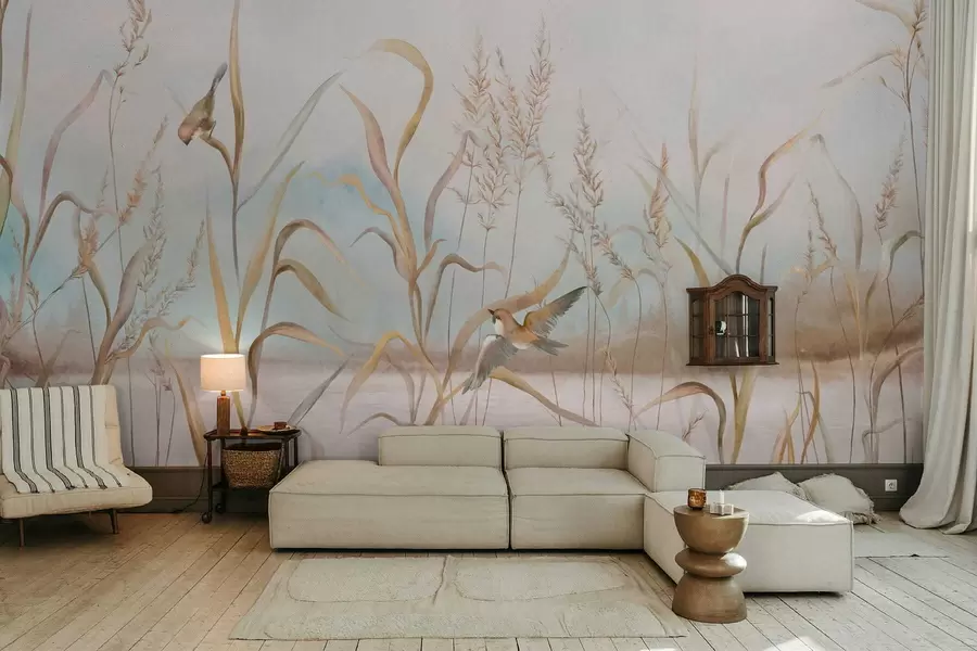 Fototapete Illustration von Schilf und Vögeln am Wasser in sanften Farbtönen w05125