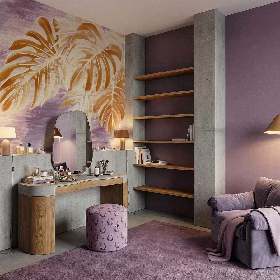 Fototapete Blätter in warmen Orangetönen auf violettem Hintergrund w05130v2