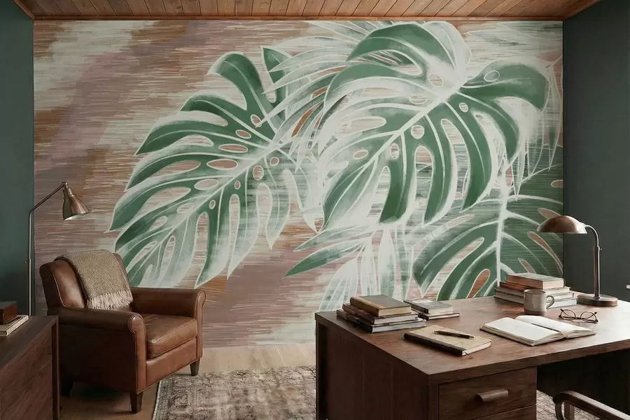 Fototapete Grüne Blätter auf einem warm strukturierten abstrakten Untergrund w05130v3