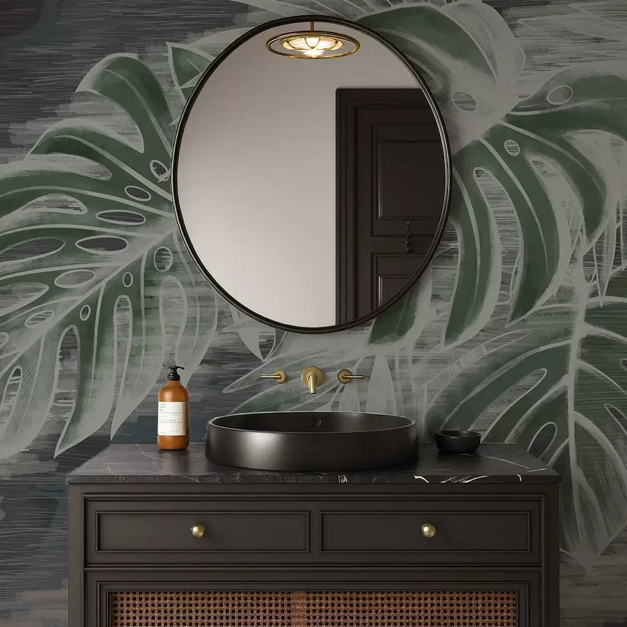 Fototapete Dunkelgrüne Blätter auf einem strukturierten dunklen Hintergrund w05130v4