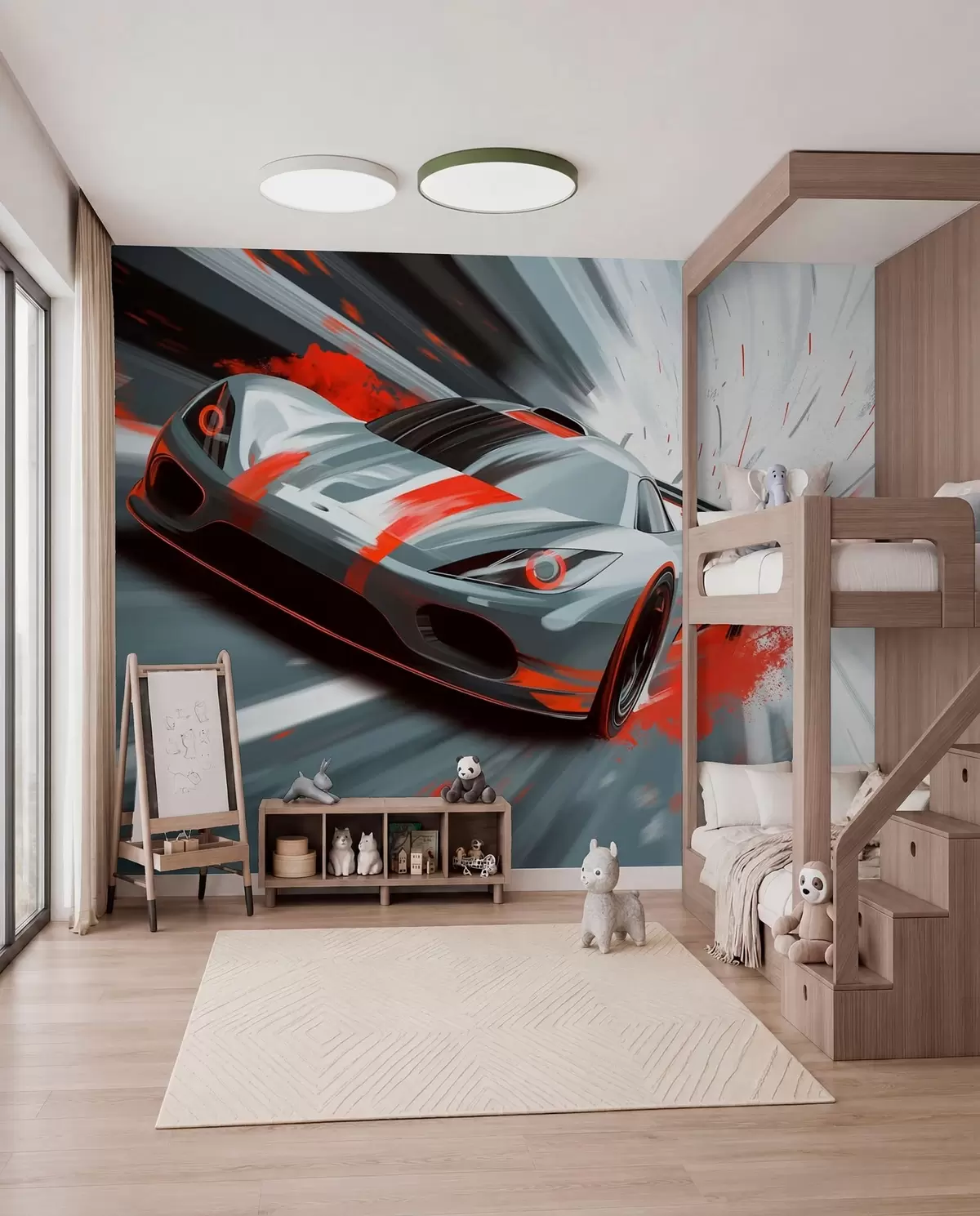 Fototapete Dynamischer Sportwagen im digitalen Zeichenstil mit roten Akzenten w05069v1