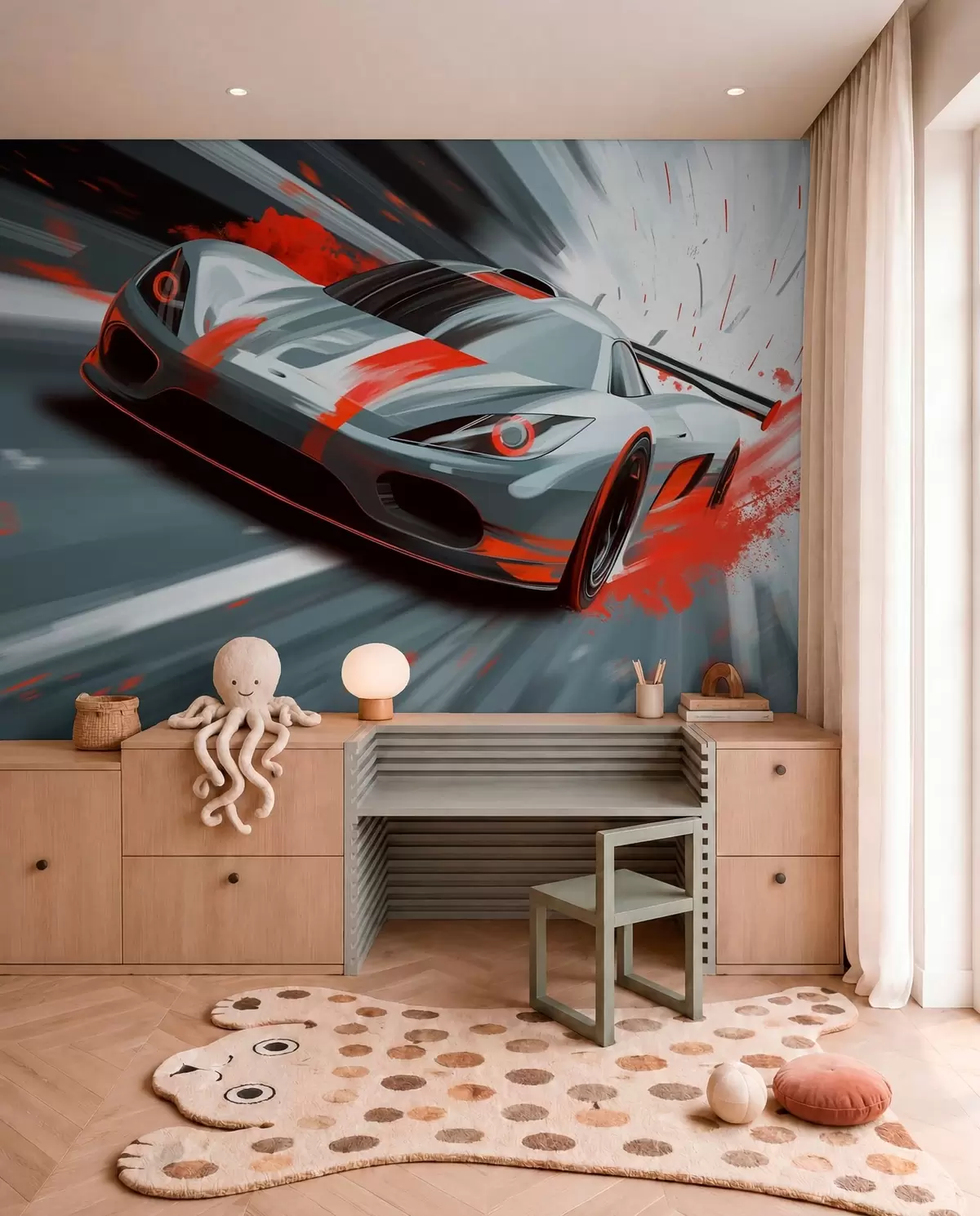 Fototapete Dynamischer Sportwagen im digitalen Zeichenstil mit roten Akzenten w05069v1