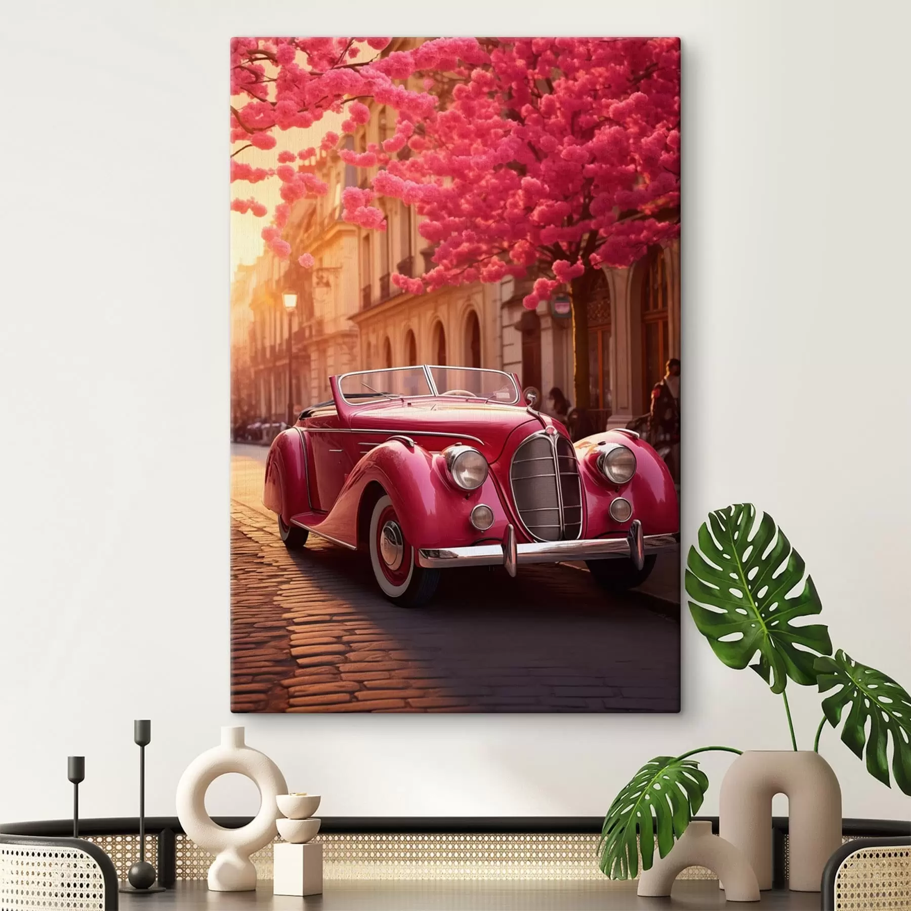 Fototapete Rosa Auto unter blühenden Bäumen s47295