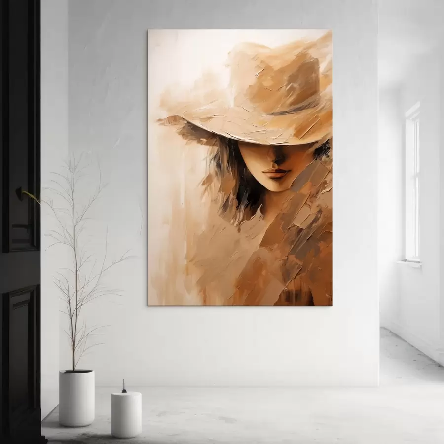Fototapete Frau mit Hut in strukturierten, warmen Pinselstrichen s47315