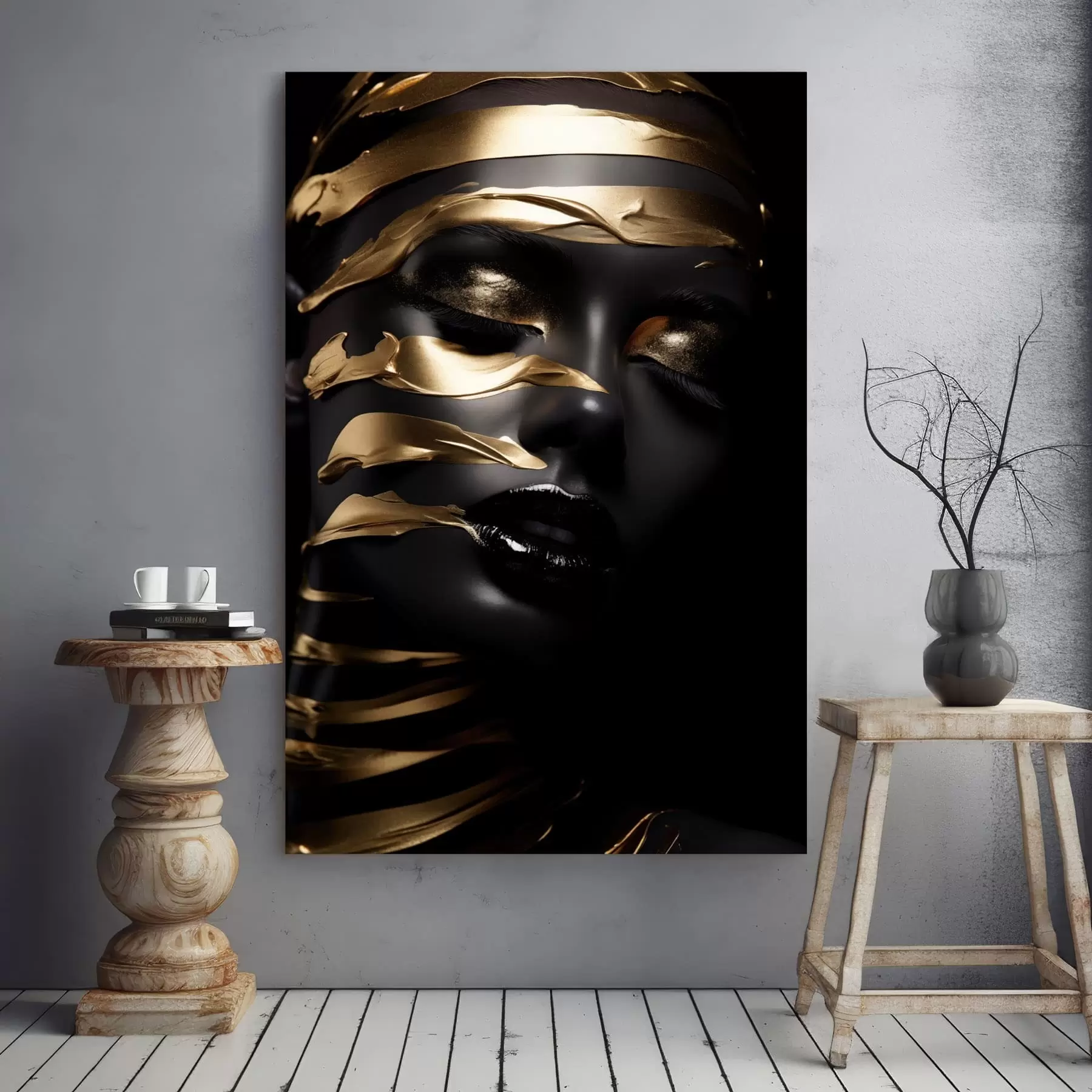 Fototapete Gesicht mit dunklem Ton und Streifen s47321