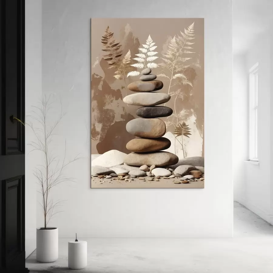 Fototapete Stapel glatter Steine vor botanischem Hintergrund s47764