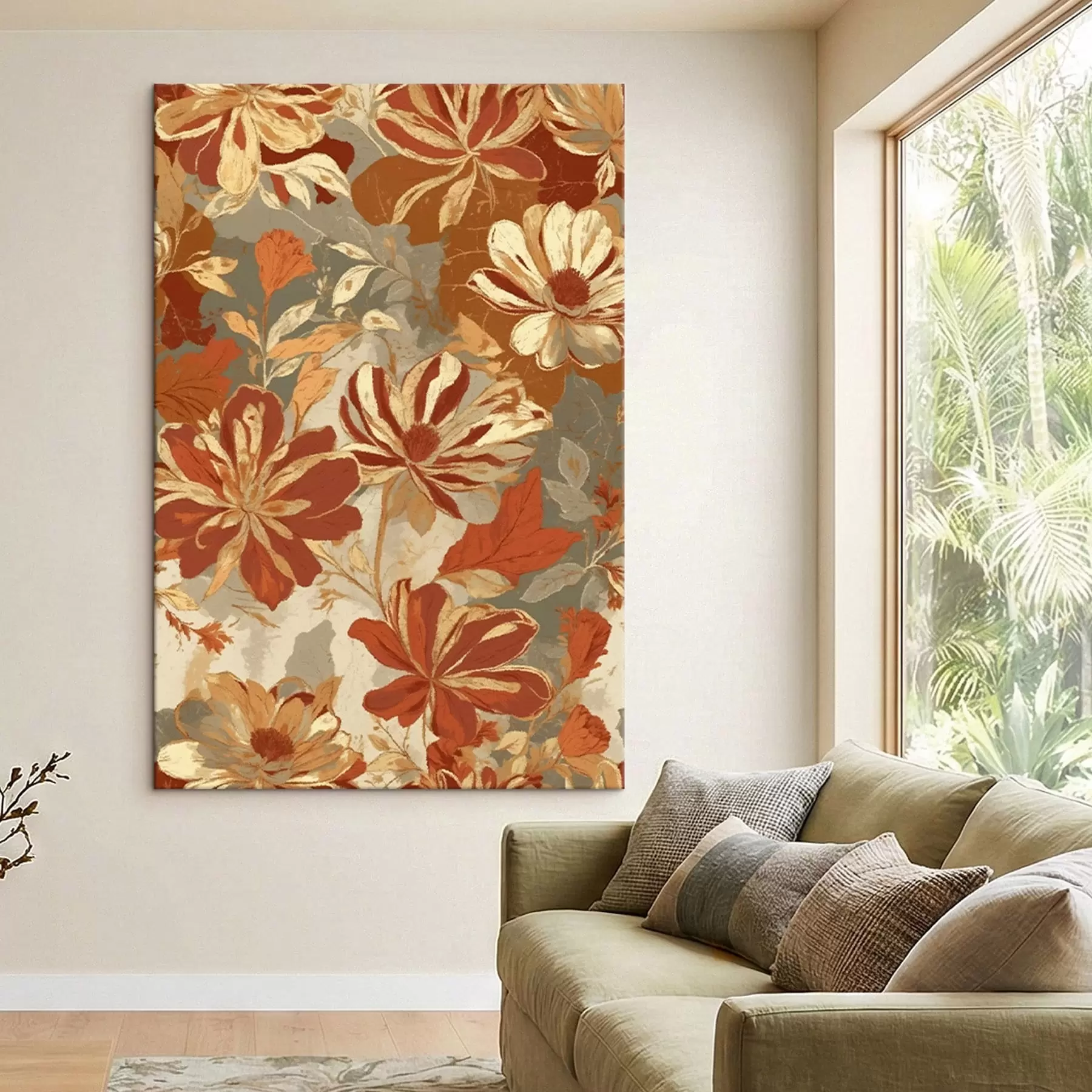 Fototapete Blumenmuster in warmen Rost- und Cremetönen s47770