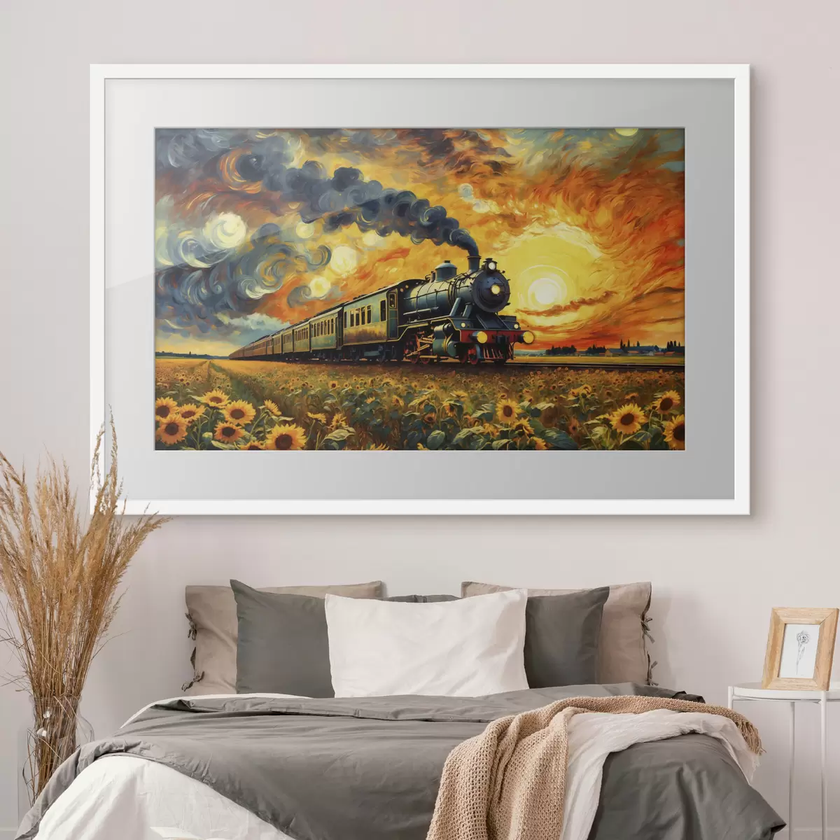 Poster Dampflokomotive auf einem Feld mit dramatischem Himmel f47257