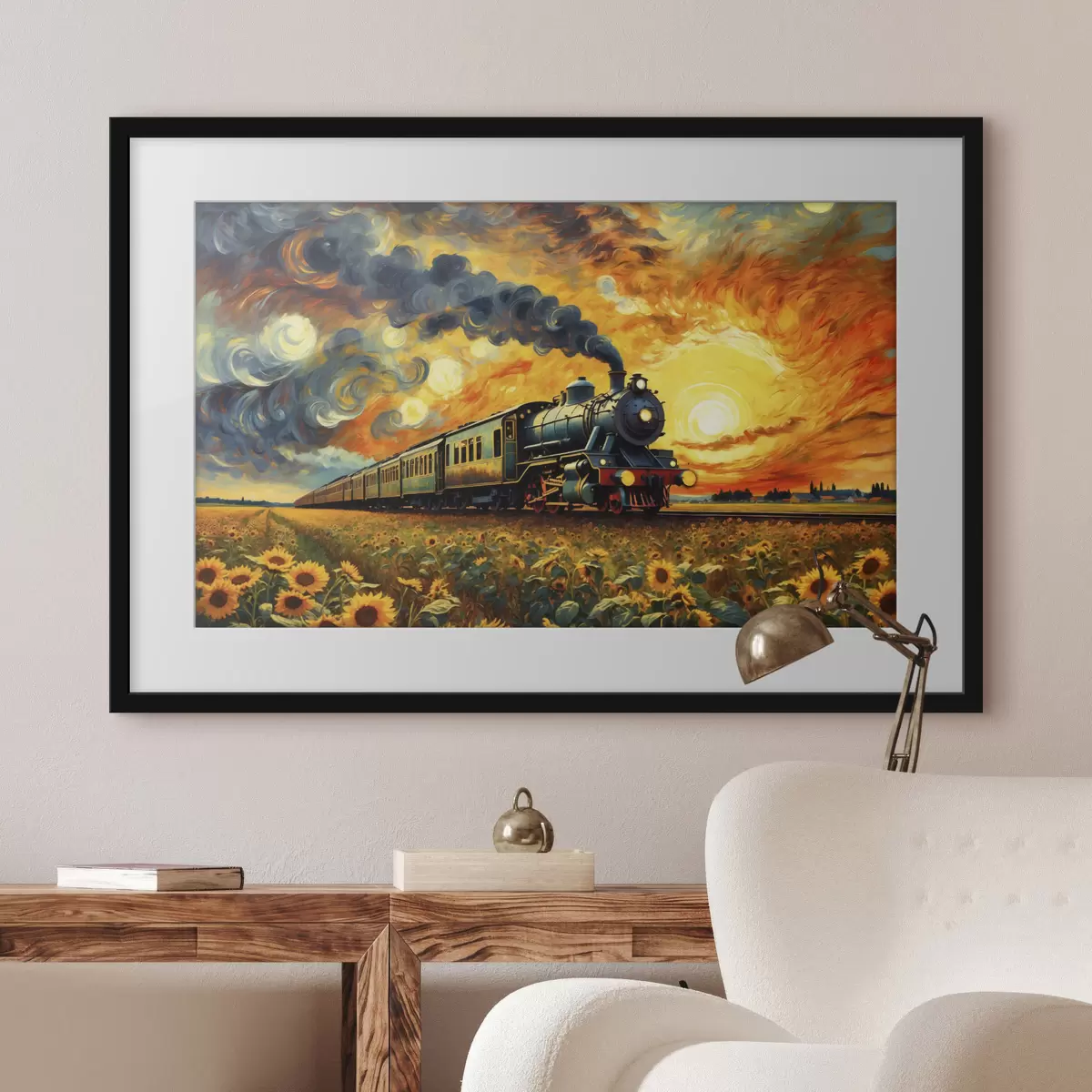 Poster Dampflokomotive auf einem Feld mit dramatischem Himmel f47257