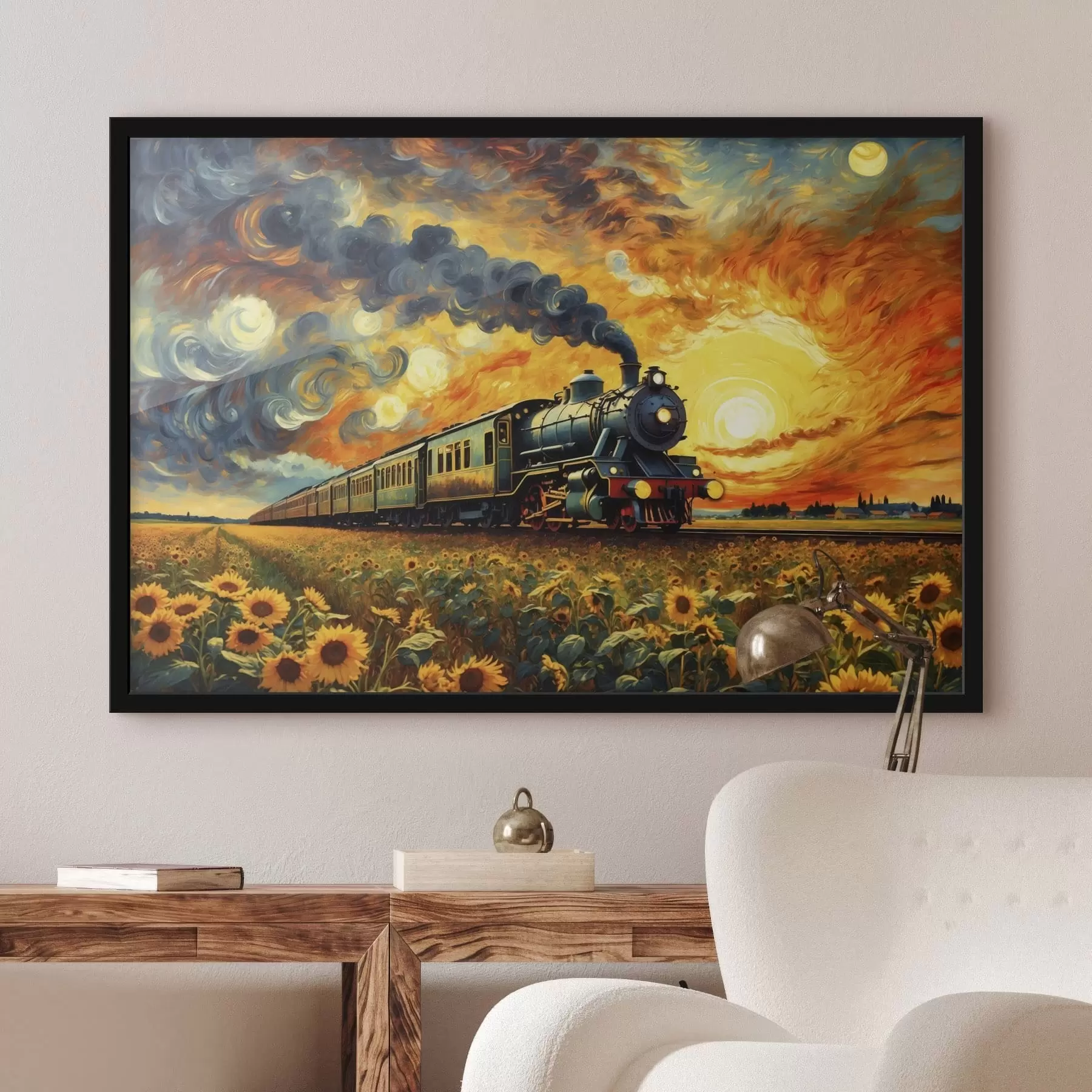 Fototapete Dampflokomotive auf einem Feld mit dramatischem Himmel f47257