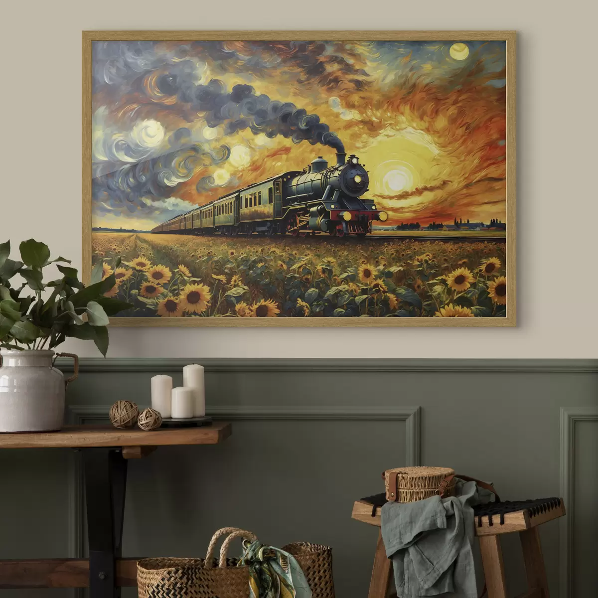 Poster Dampflokomotive auf einem Feld mit dramatischem Himmel f47257