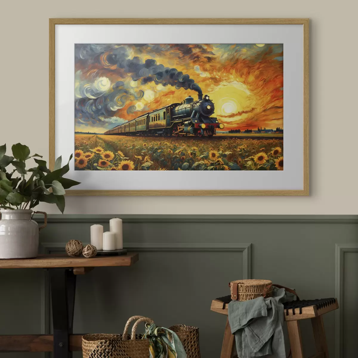 Poster Dampflokomotive auf einem Feld mit dramatischem Himmel f47257