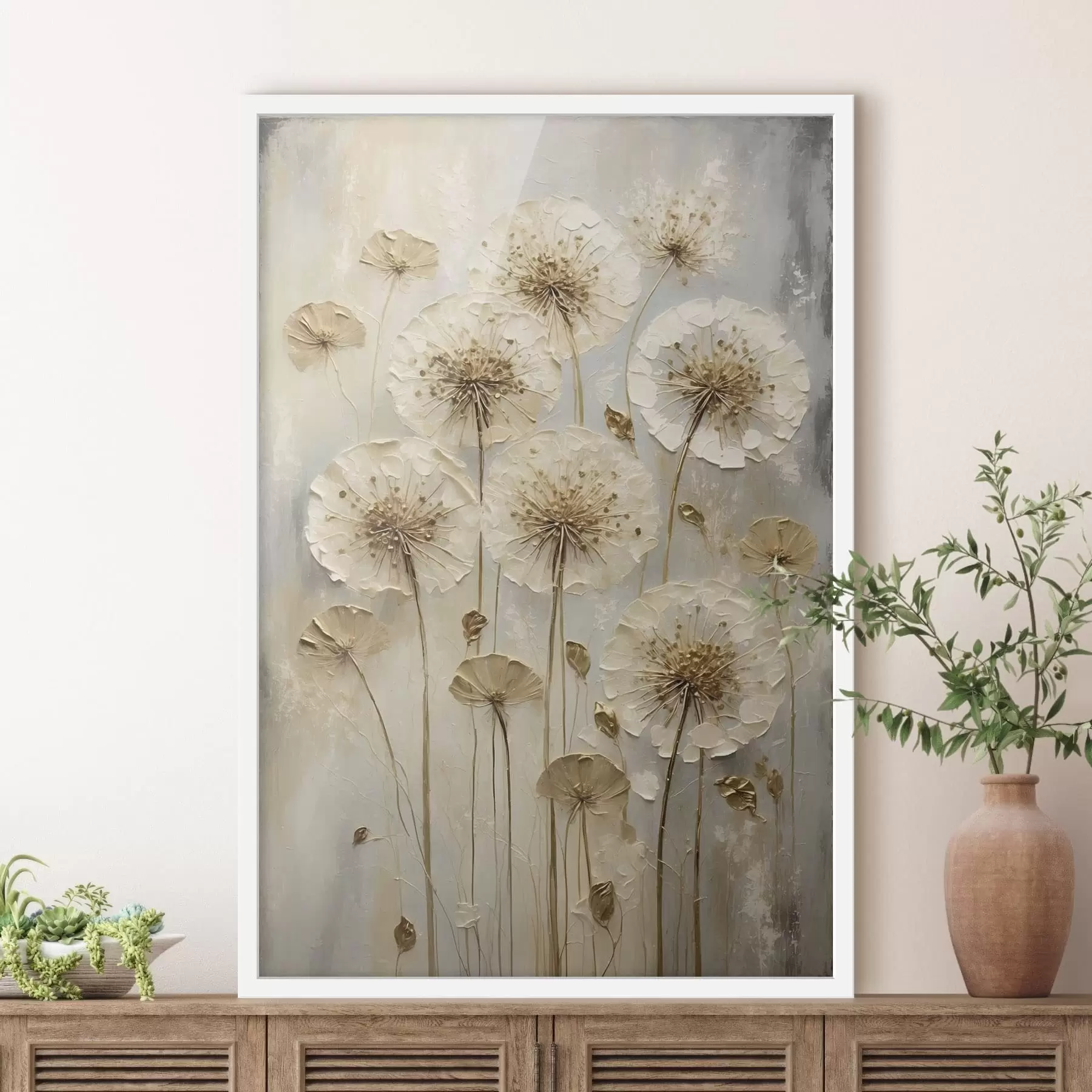 Fototapete Hohe cremefarbene Blumen auf hellem Hintergrund f47282