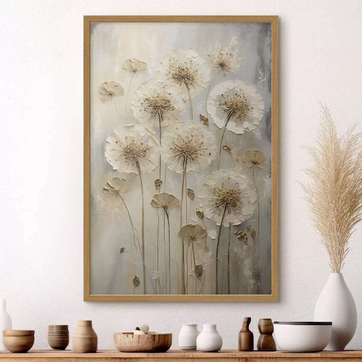 Poster Hohe cremefarbene Blumen auf hellem Hintergrund f47282