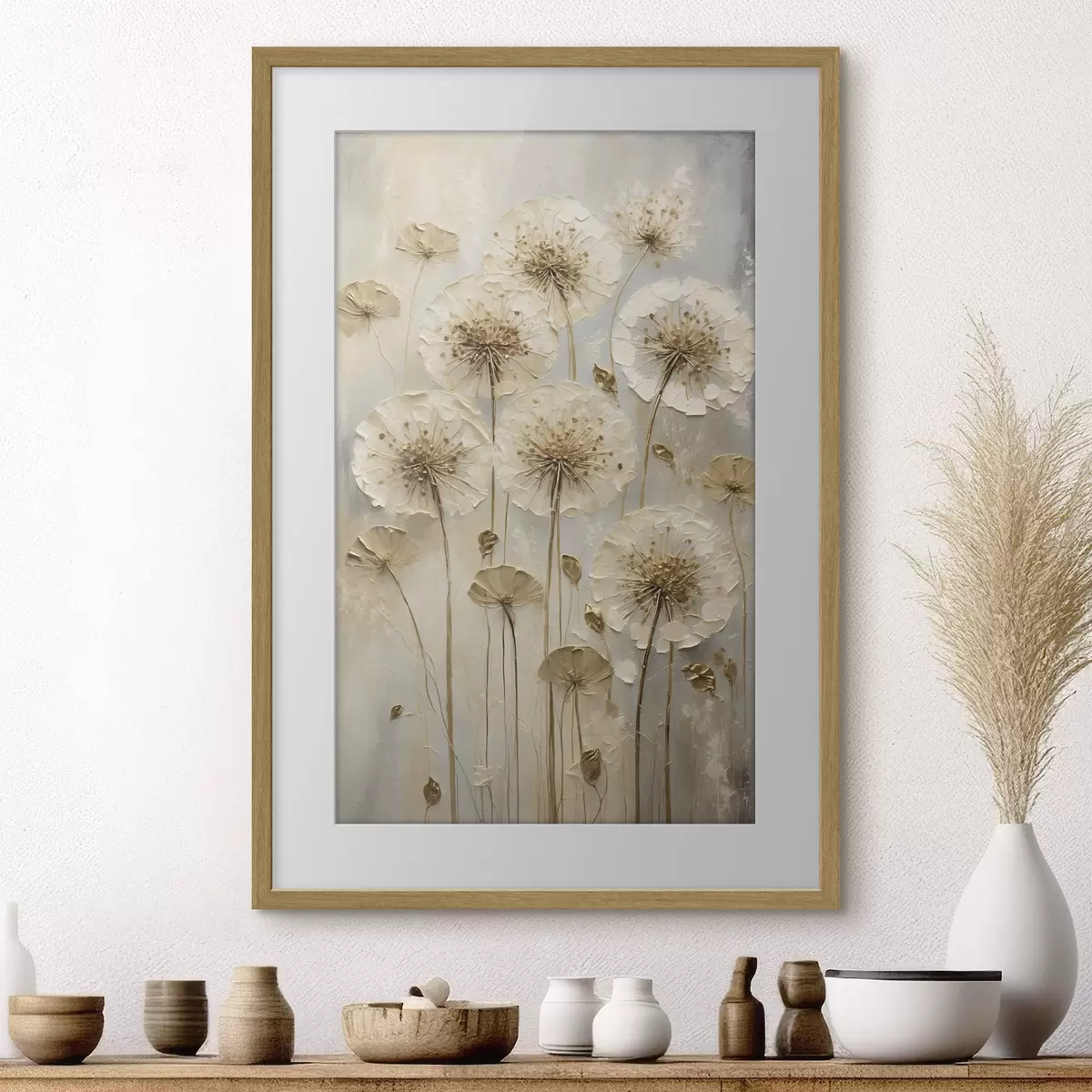 Poster Hohe cremefarbene Blumen auf hellem Hintergrund f47282