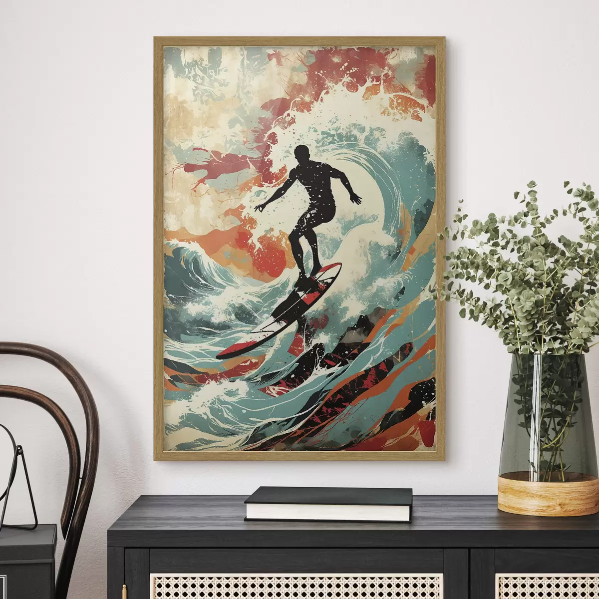 Poster Surfer-Silhouette auf Wellen in leuchtenden Farben f47284