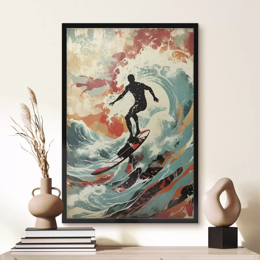 Fototapete Surfer-Silhouette auf Wellen in leuchtenden Farben f47284