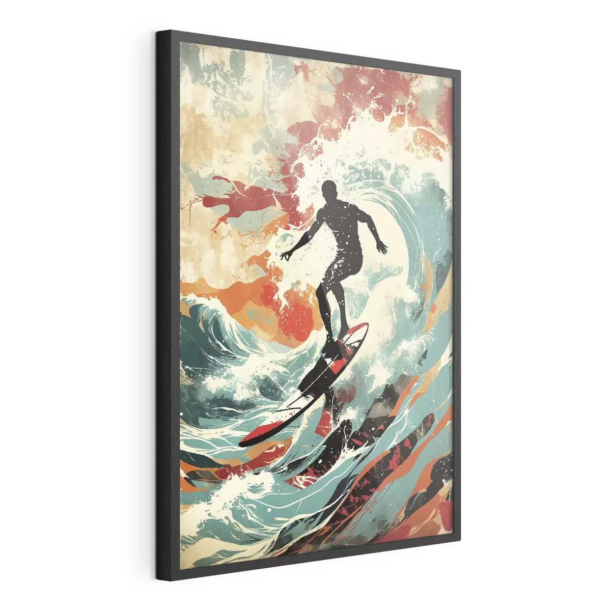 Poster Surfer-Silhouette auf Wellen in leuchtenden Farben f47284