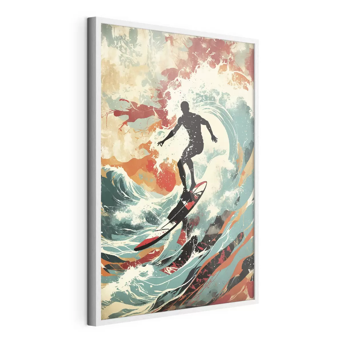 Poster Surfer-Silhouette auf Wellen in leuchtenden Farben f47284