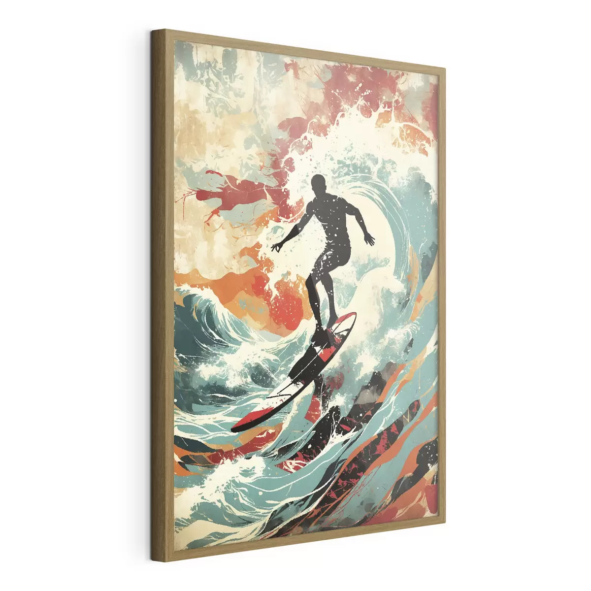 Poster Surfer-Silhouette auf Wellen in leuchtenden Farben f47284