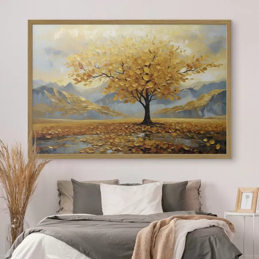 Fototapete Baum mit gelben Blättern in einer Berglandschaft f47285